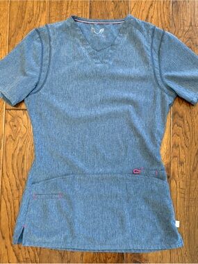 Smitten Heather-Blue Medical Scrub Top with Pink Accents